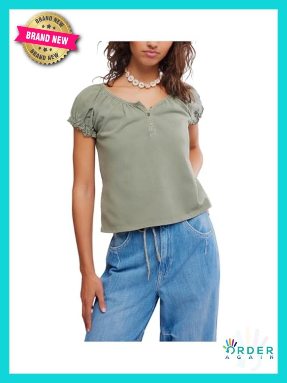 Puffed Sleeve Crew Neck Cotton T-Shirt with Henley Detail